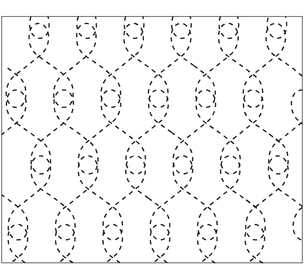 This picture shows a dashed line forming a looping pattern that is created by the Loop De Loop quilting stencil. The rows of looping lines overlap to create a chicken wire pattern.