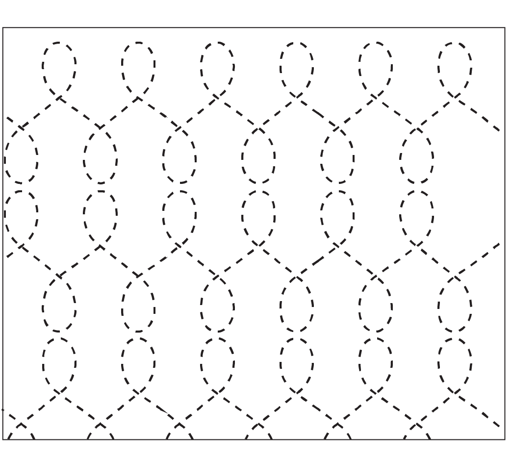 This picture shows a dashed line forming a looping pattern that is created by the Loop De Loop quilting stencil. The rows of loops line up to create an expanded chicken wire design.