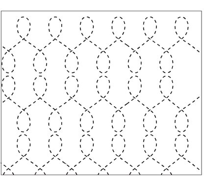 This picture shows a dashed line forming a looping pattern that is created by the Loop De Loop quilting stencil. The rows of loops line up to create an expanded chicken wire design.