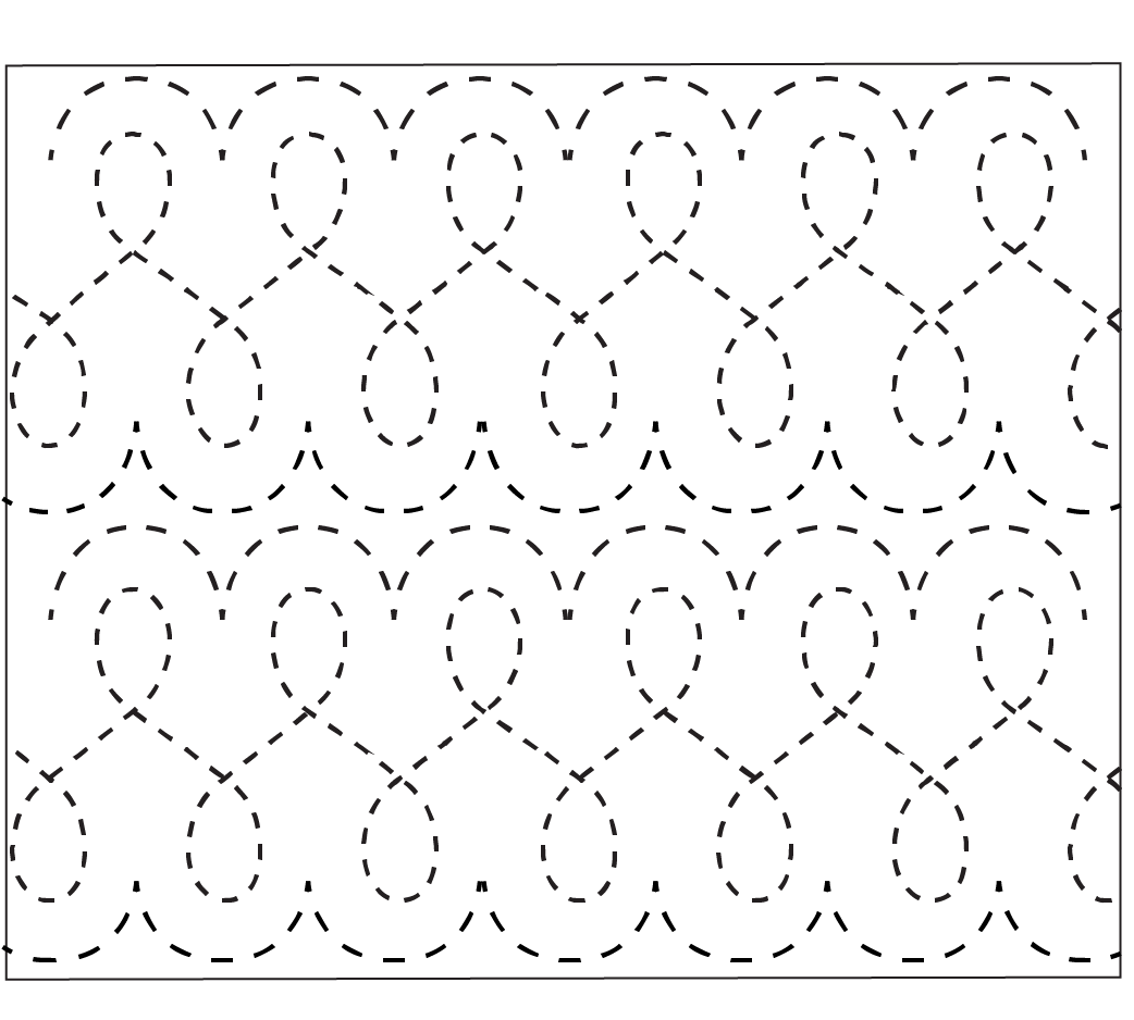 This picture shows a dashed line forming a looping pattern that is created by a combination of the Loop De Loop and the Hills quilting stencils. The row of loops is bordered with the hump of each hill top and bottom to create a ribbon design.