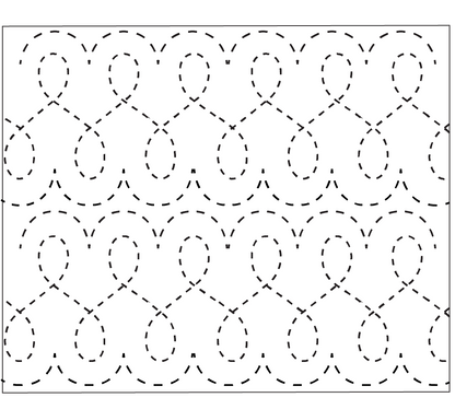 This picture shows a dashed line forming a looping pattern that is created by a combination of the Loop De Loop and the Hills quilting stencils. The row of loops is bordered with the hump of each hill top and bottom to create a ribbon design.